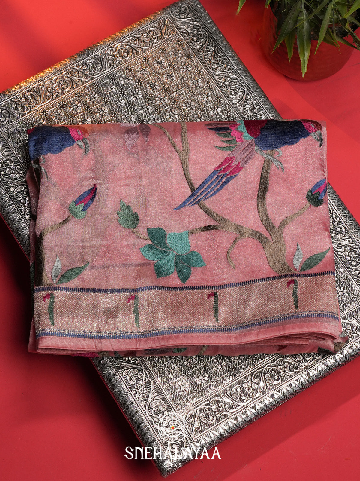 Peach Tissue Saree With Paithani Design