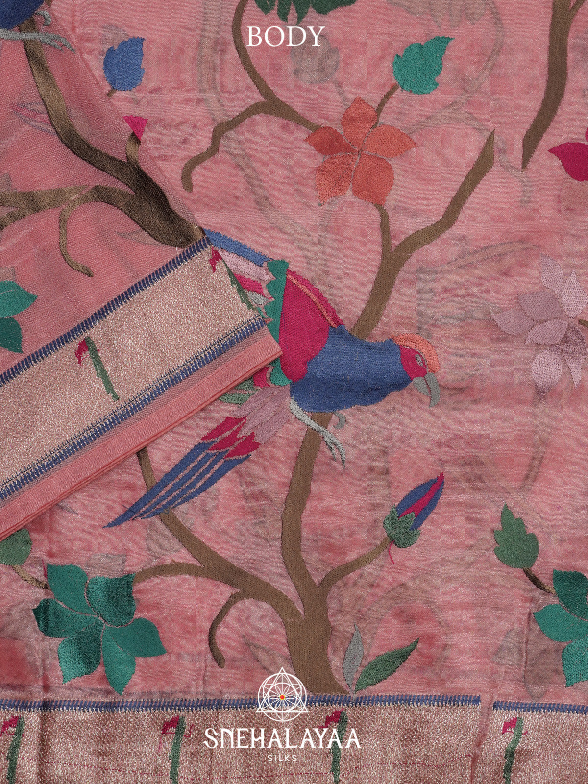 Peach Tissue Saree With Paithani Design
