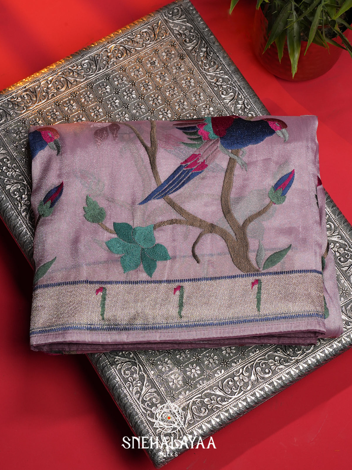 Lavender Tissue Saree With Paithani Design