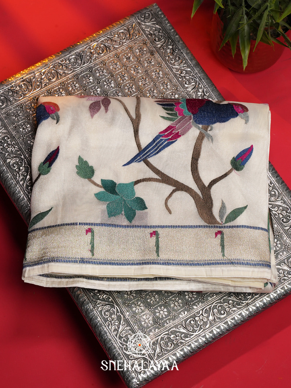 White Tissue Saree With Paithani Design