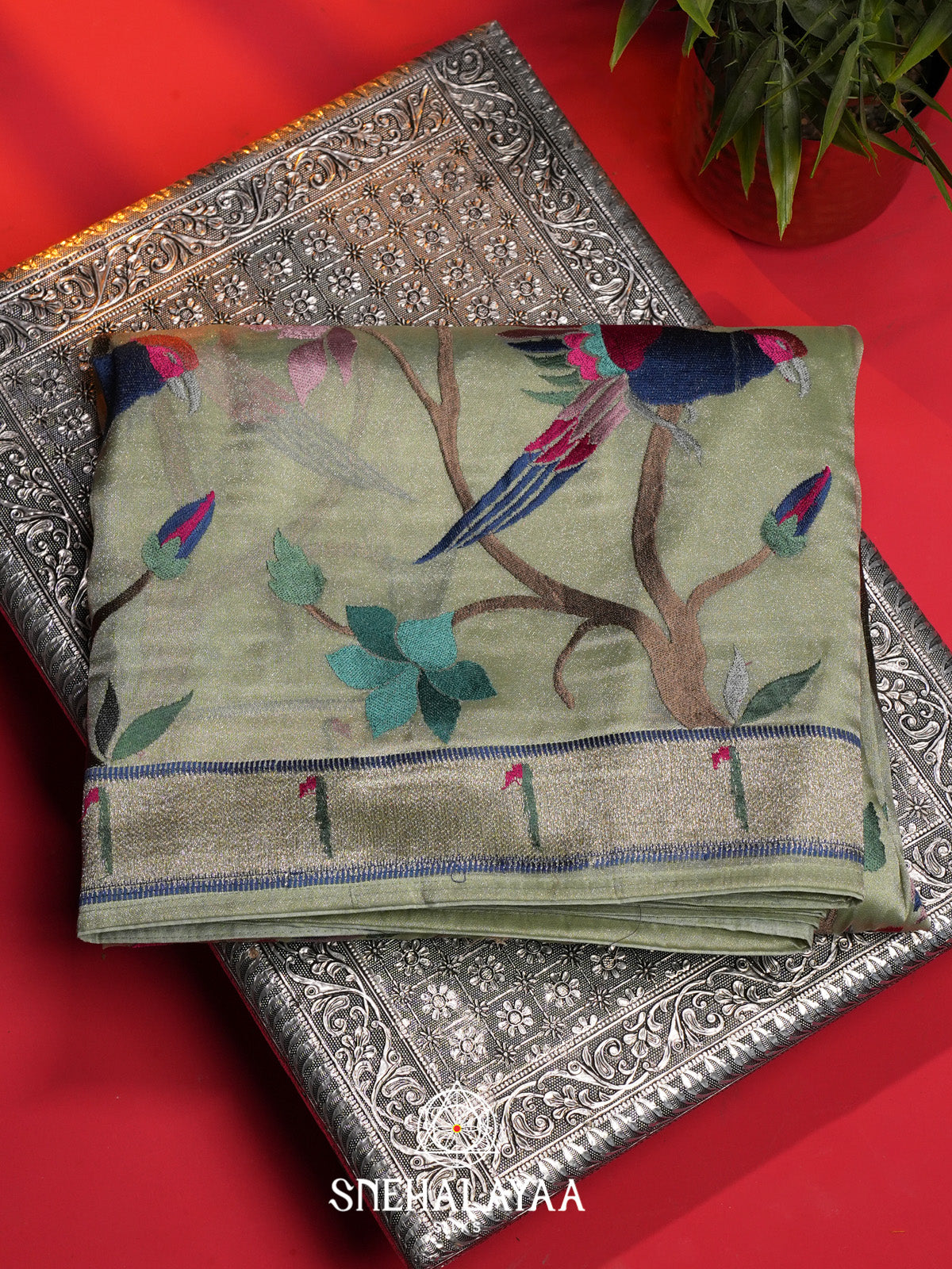 Pista Green Tissue Saree With Paithani Design