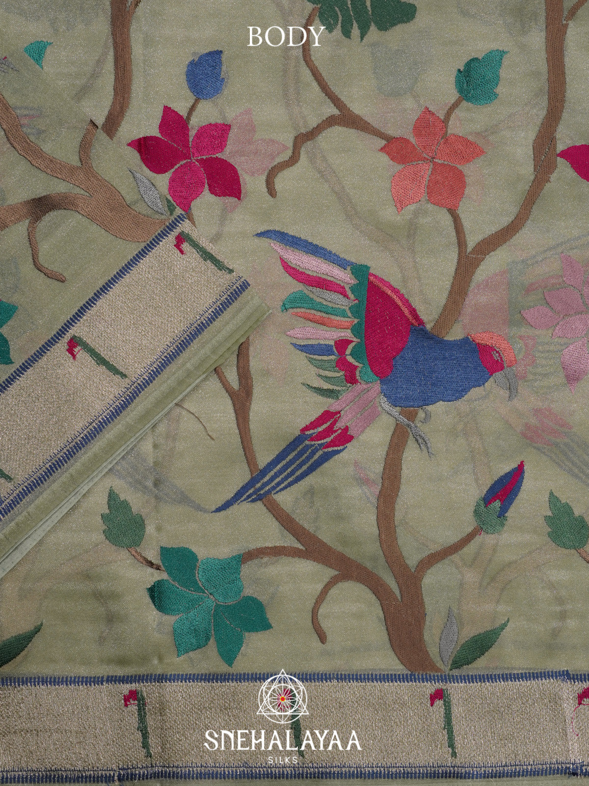 Pista Green Tissue Saree With Paithani Design