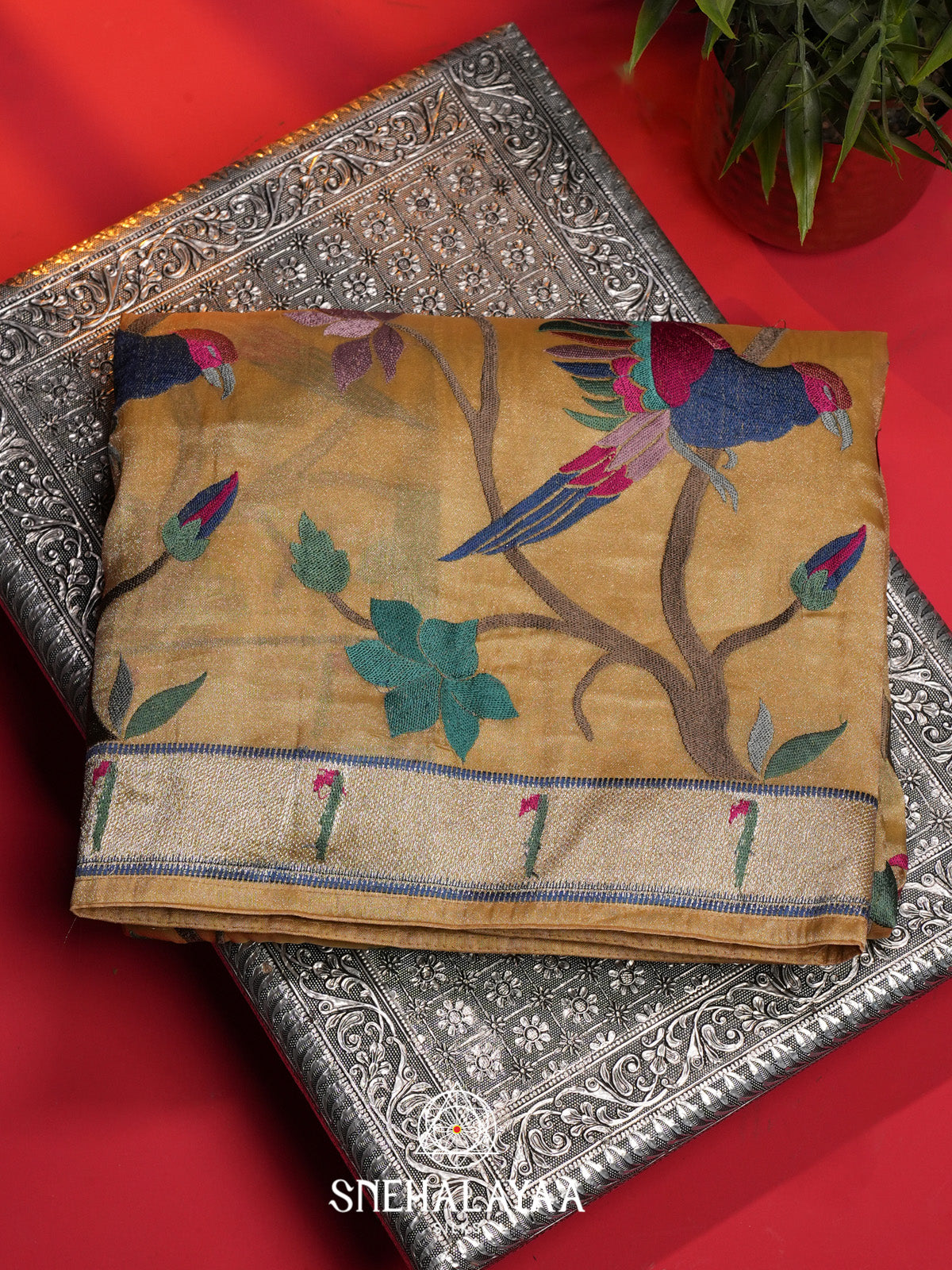 Yellow Tissue Saree With Paithani Design