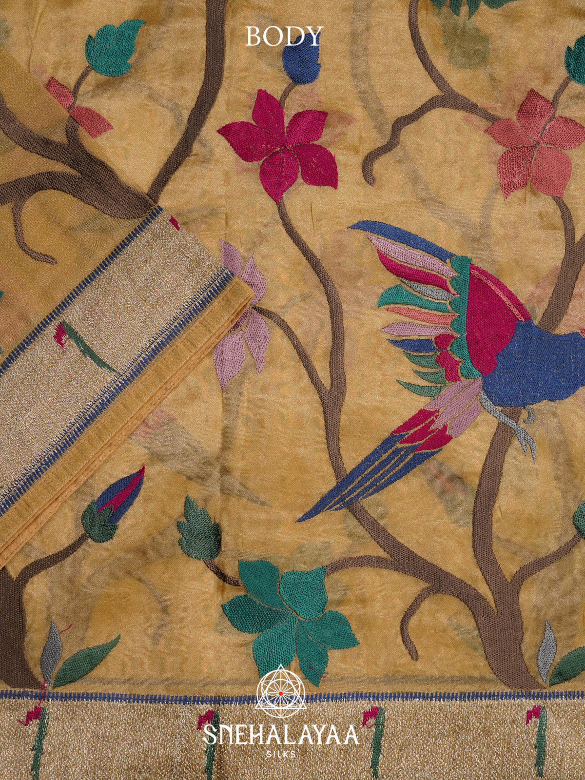 Yellow Tissue Saree With Paithani Design