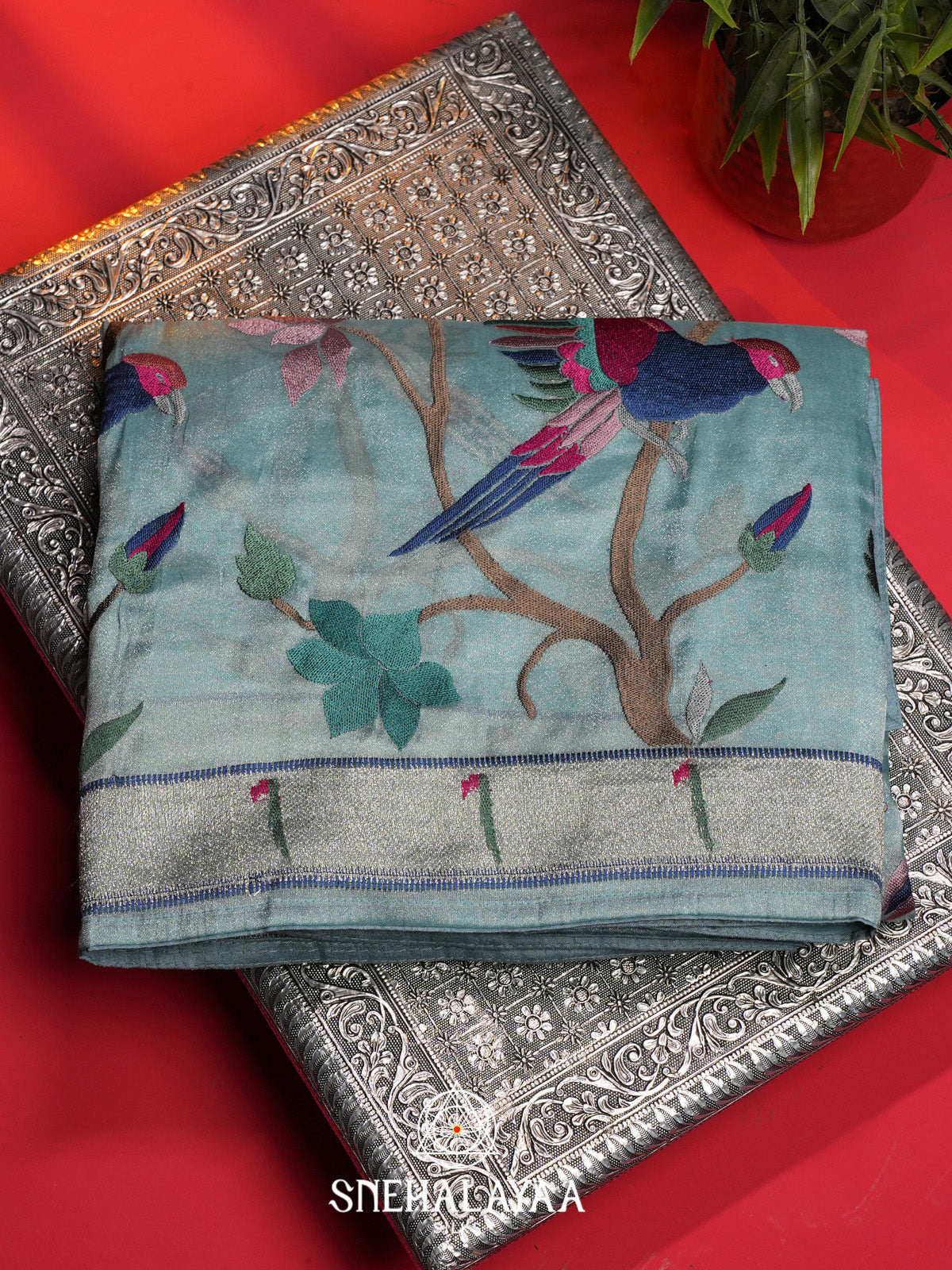 Aqua Blue Tissue Saree With Paithani Design