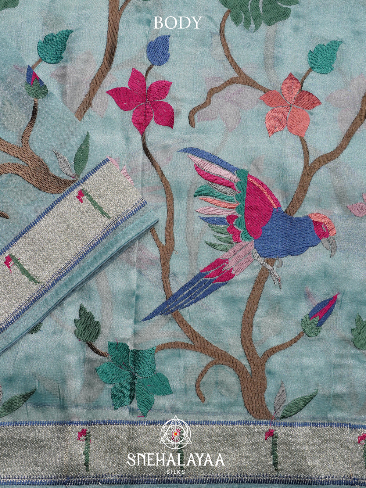 Aqua Blue Tissue Saree With Paithani Design