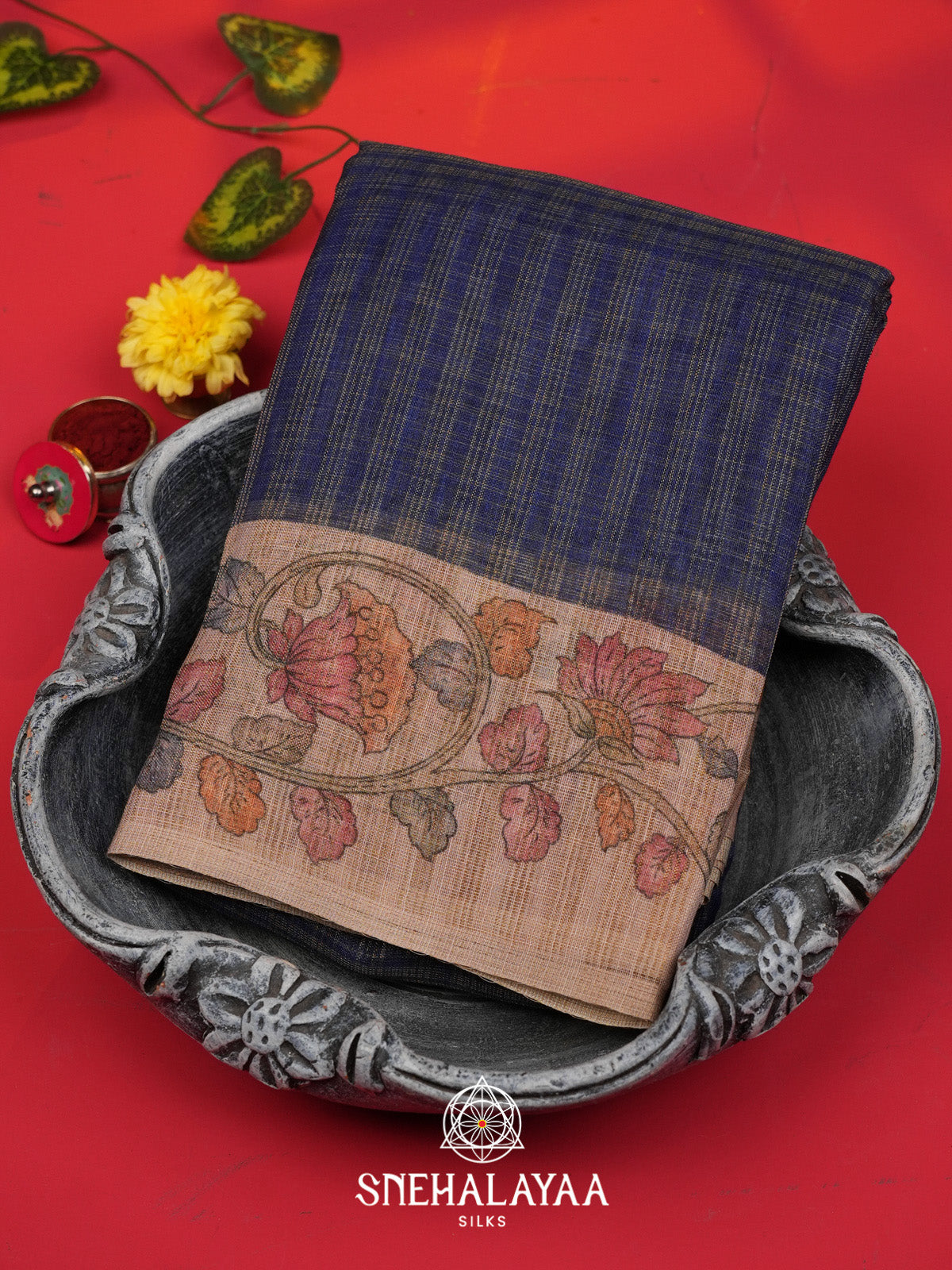 Navy Blue Linen Saree