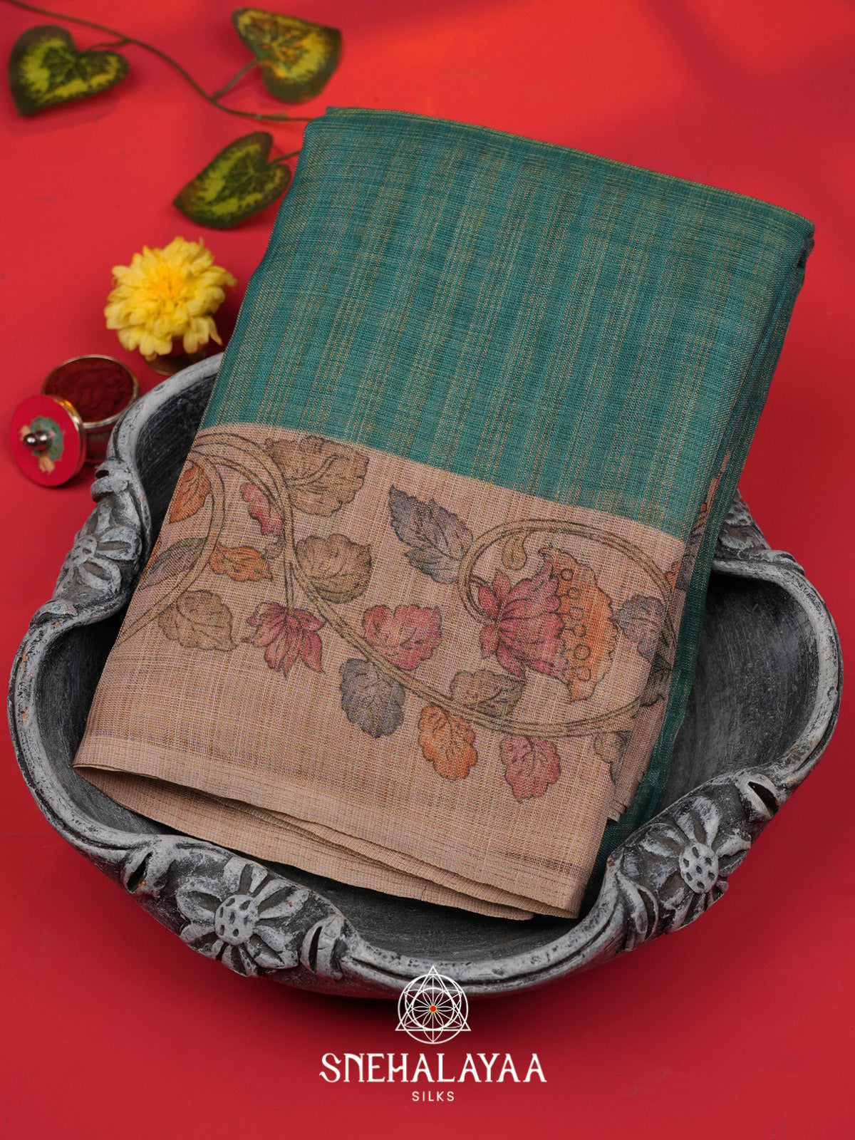 Teal Green Linen Saree
