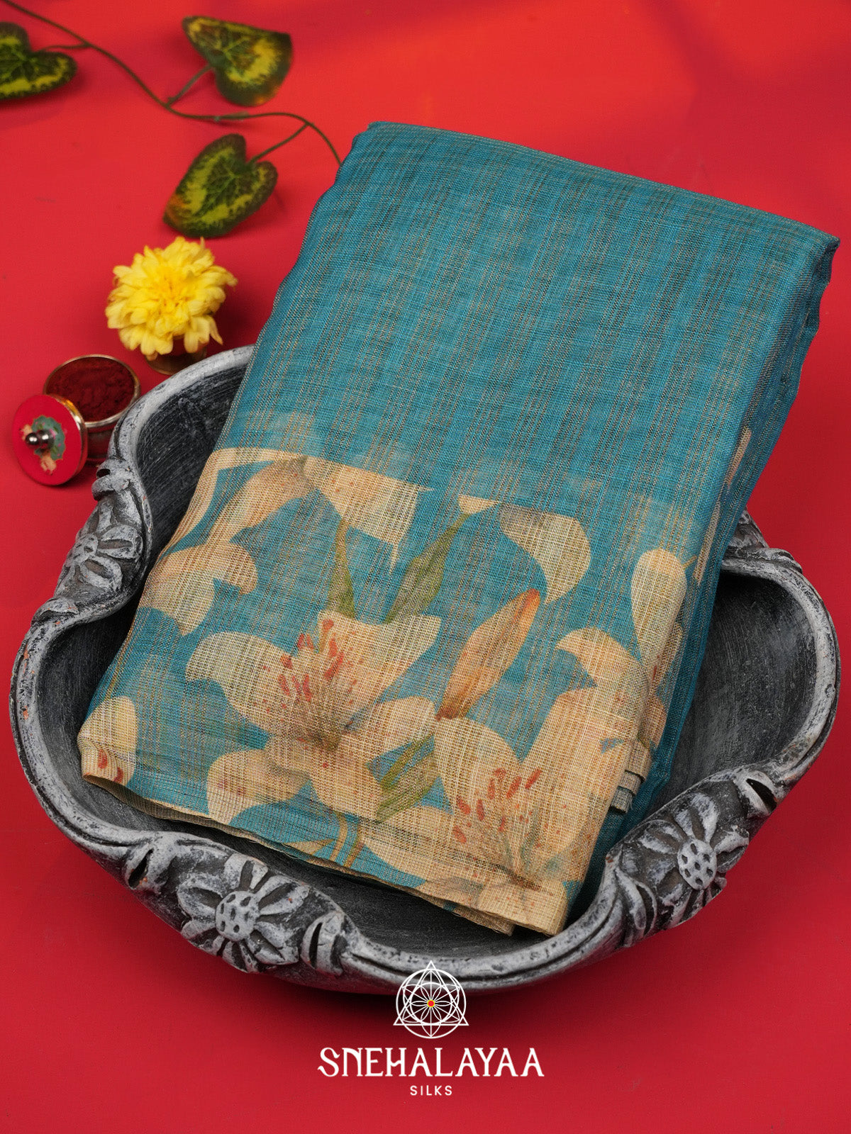 Teal Blue Linen Saree