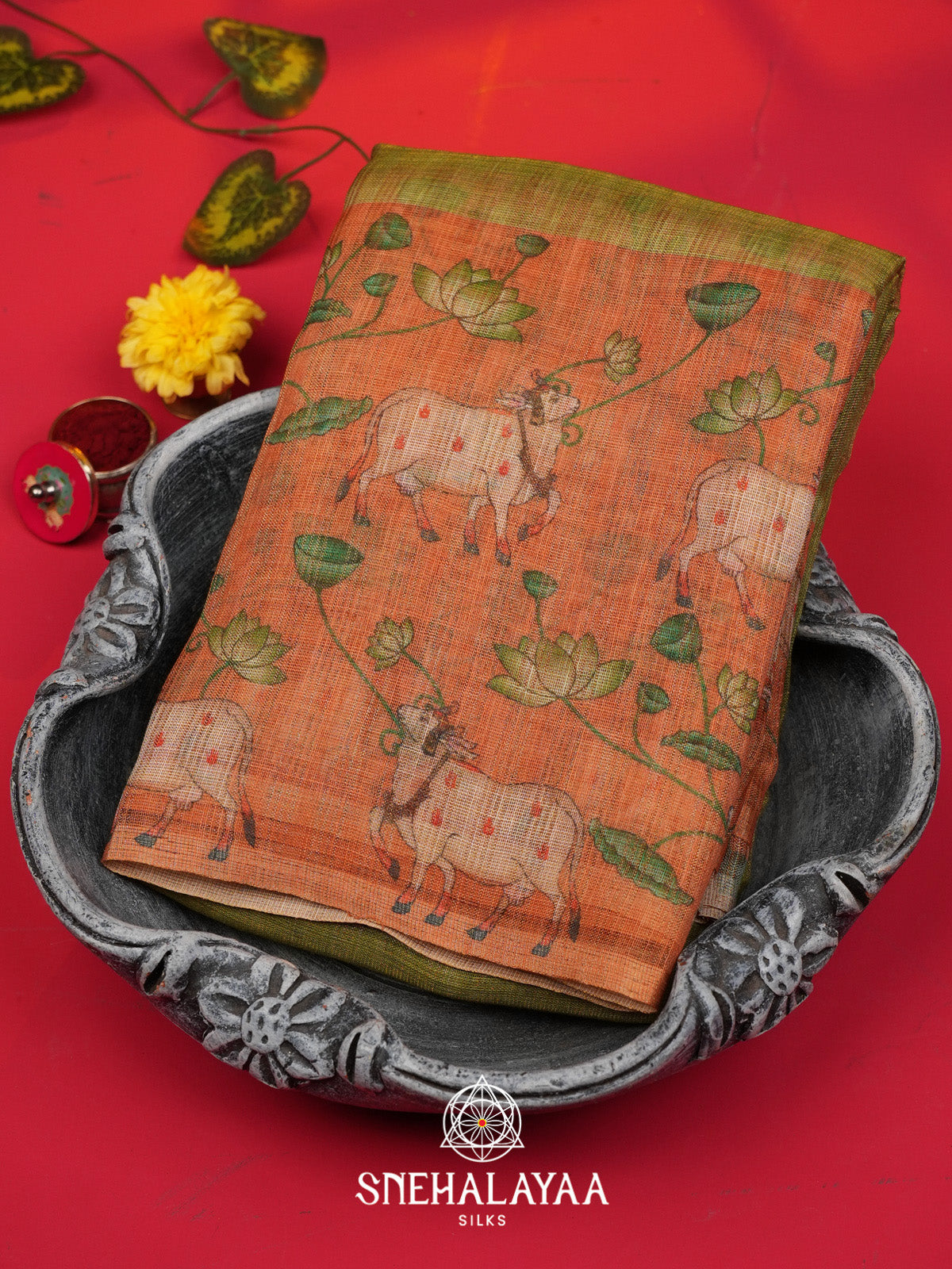 Olive Green Linen Saree