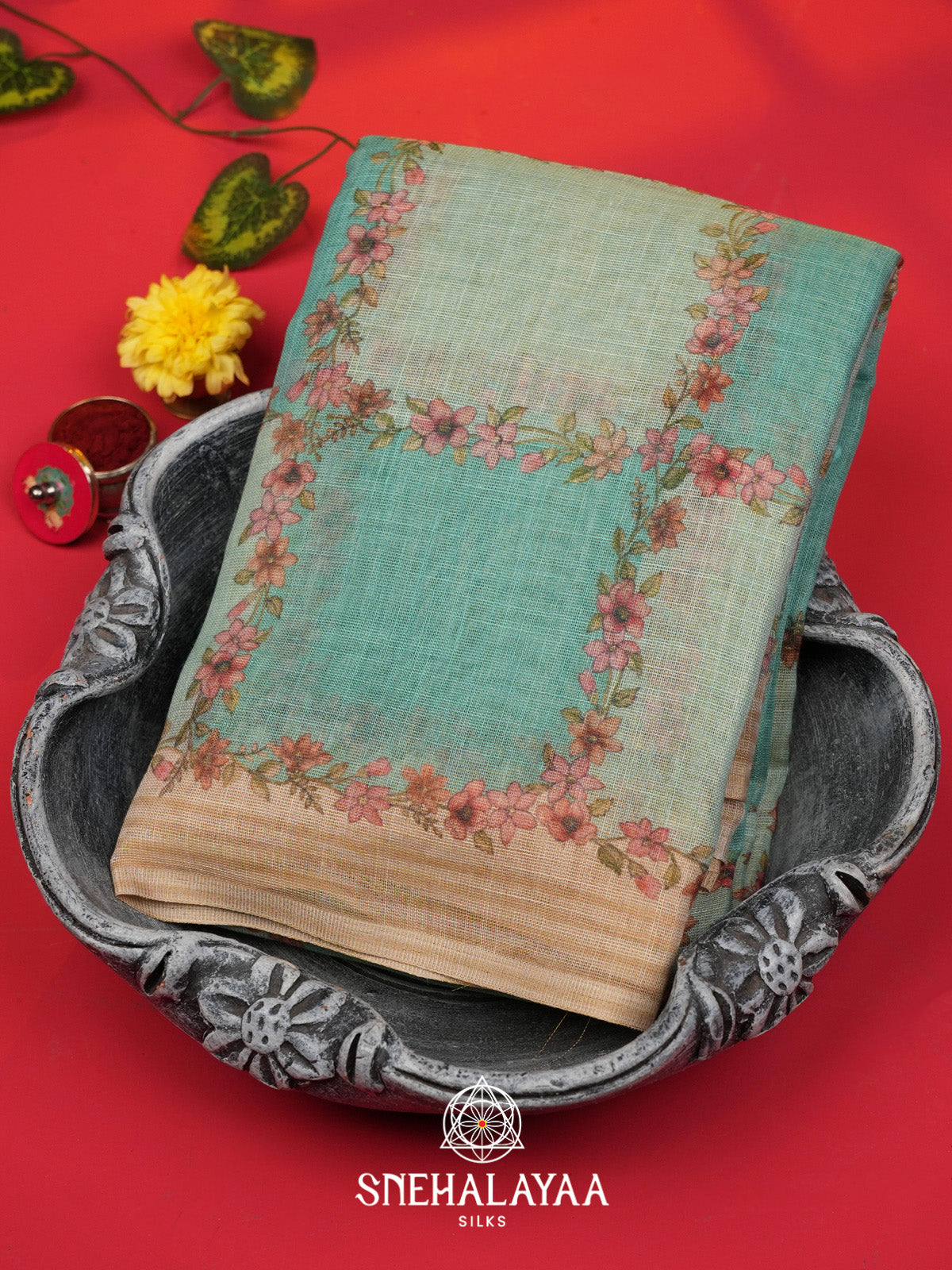 Aqua Blue Linen Saree