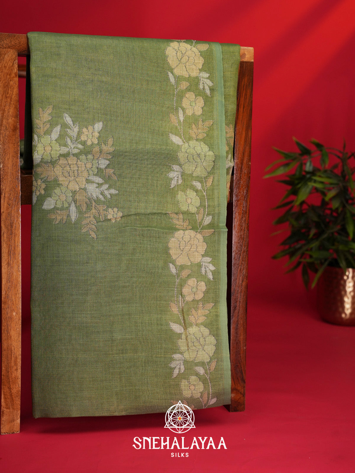 Olive Green Linen Saree