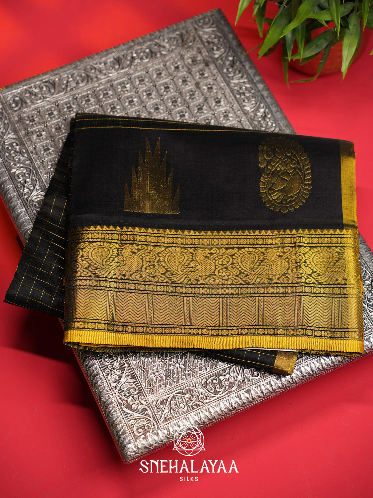 Black Checks Silk Cotton Saree with Gold Zari Border
