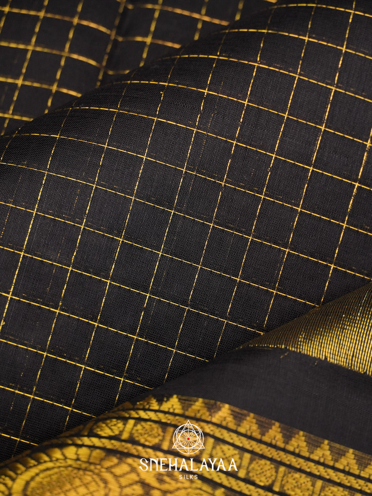 Black Checks Silk Cotton Saree with Gold Zari Border
