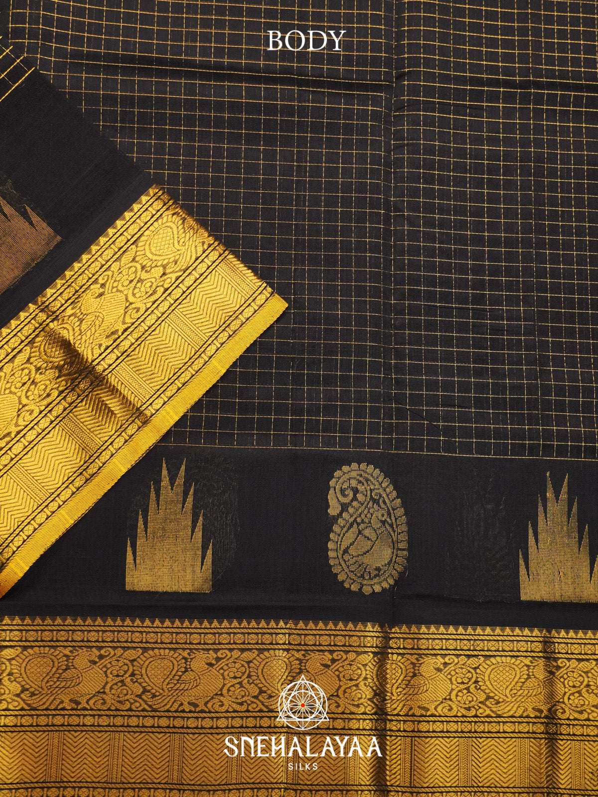 Black Checks Silk Cotton Saree with Gold Zari Border