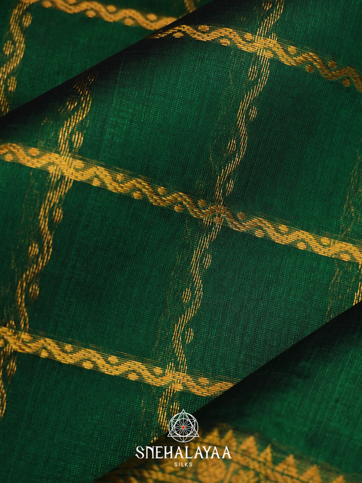 Bottle Green Checks Silk Cotton Saree with Gold Zari Border