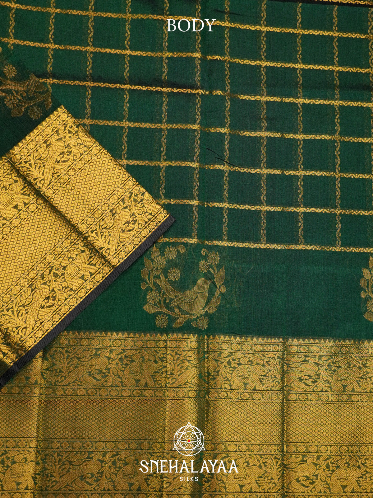 Bottle Green Checks Silk Cotton Saree with Gold Zari Border