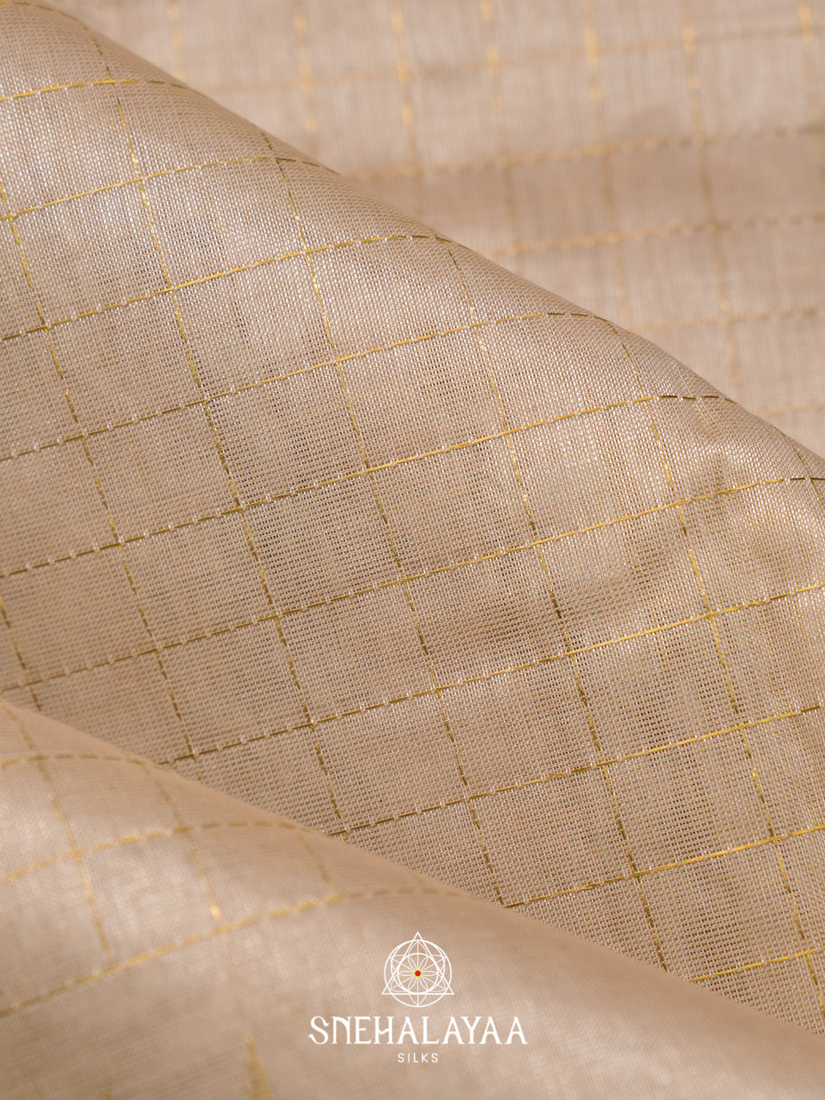 Cream Checks Silk Cotton Saree with Gold Zari Border