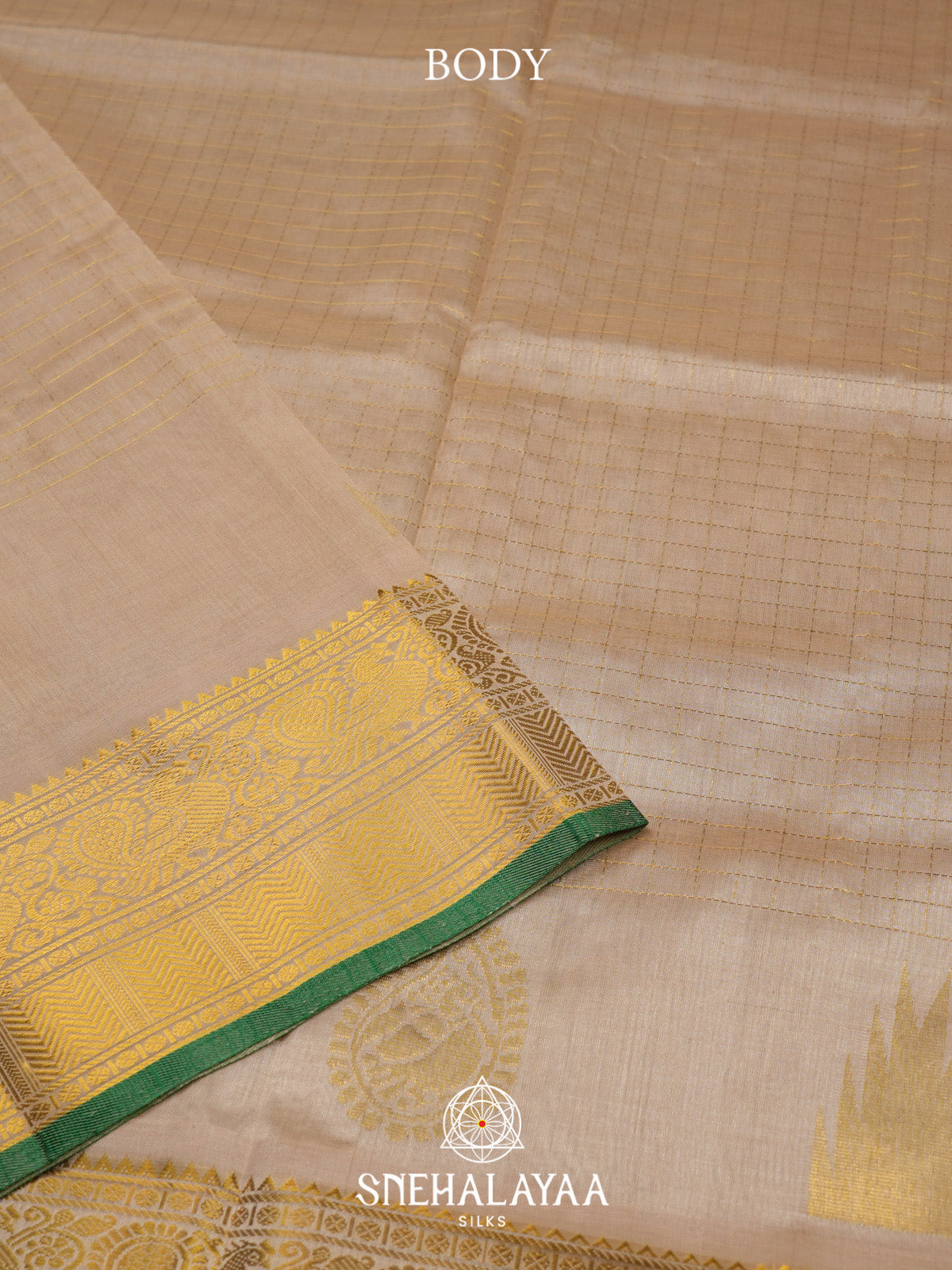 Cream Checks Silk Cotton Saree with Gold Zari Border