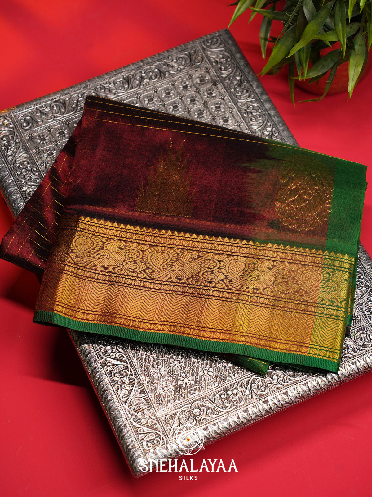 Maroon Checks Silk Cotton Saree with Gold Zari Border