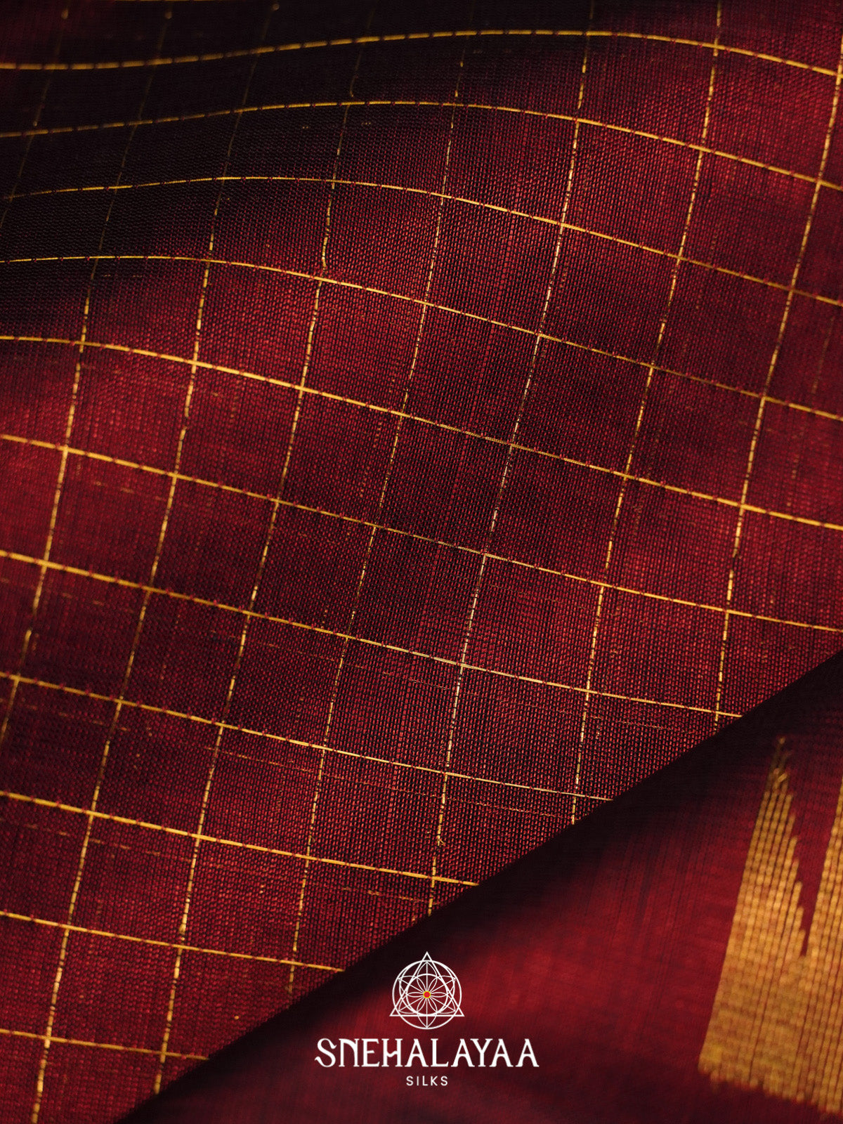 Maroon Checks Silk Cotton Saree with Gold Zari Border