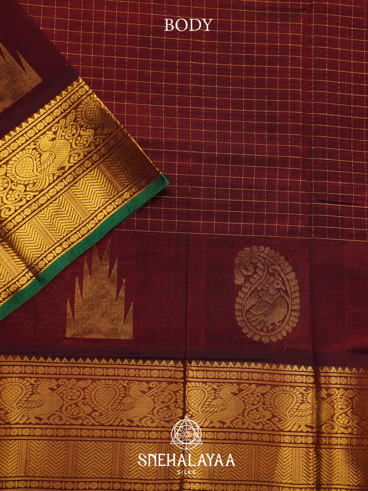 Maroon Checks Silk Cotton Saree with Gold Zari Border