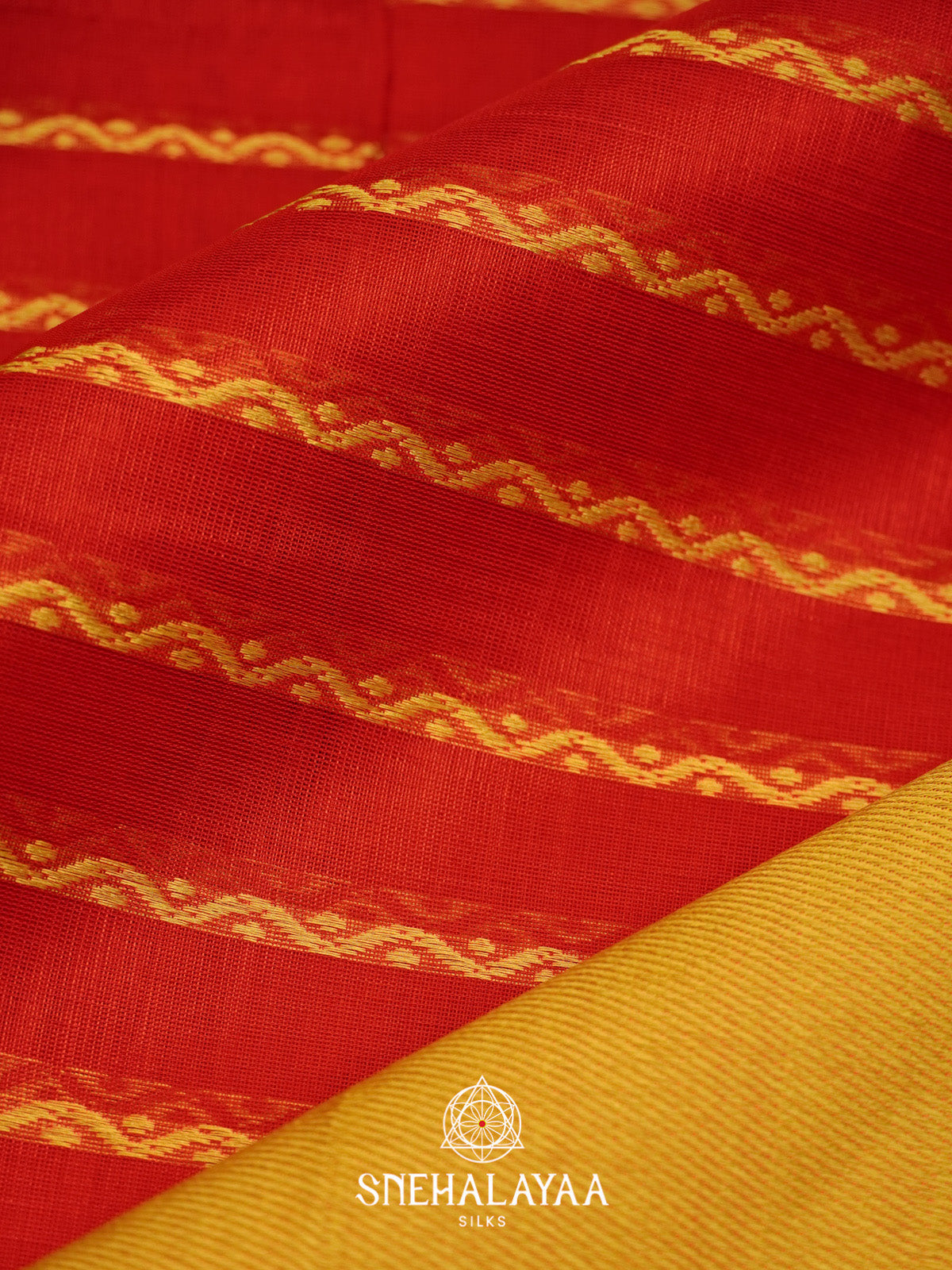 Red Striped Silk Cotton Saree with Mustard Gold Border