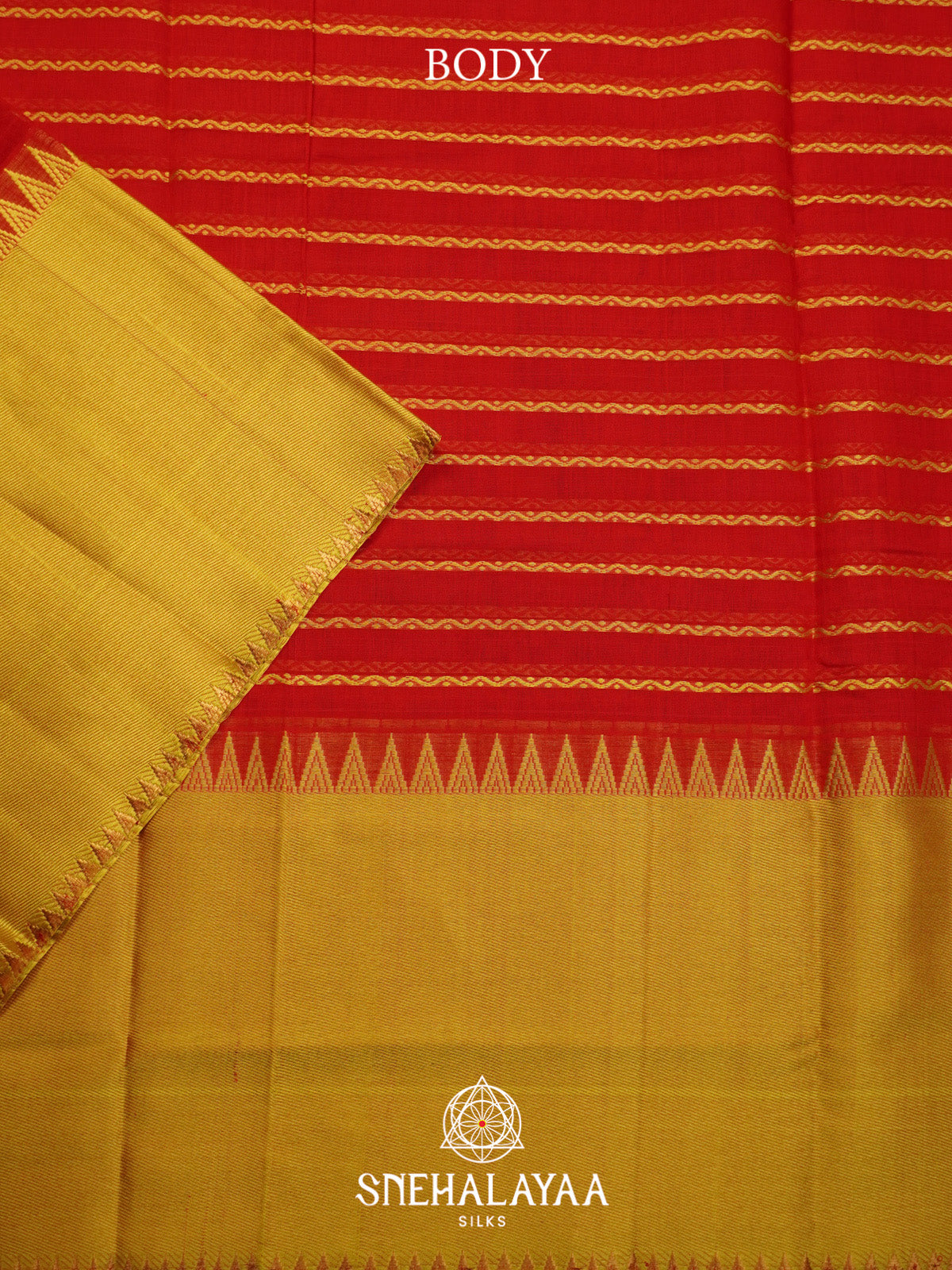 Red Striped Silk Cotton Saree with Mustard Gold Border