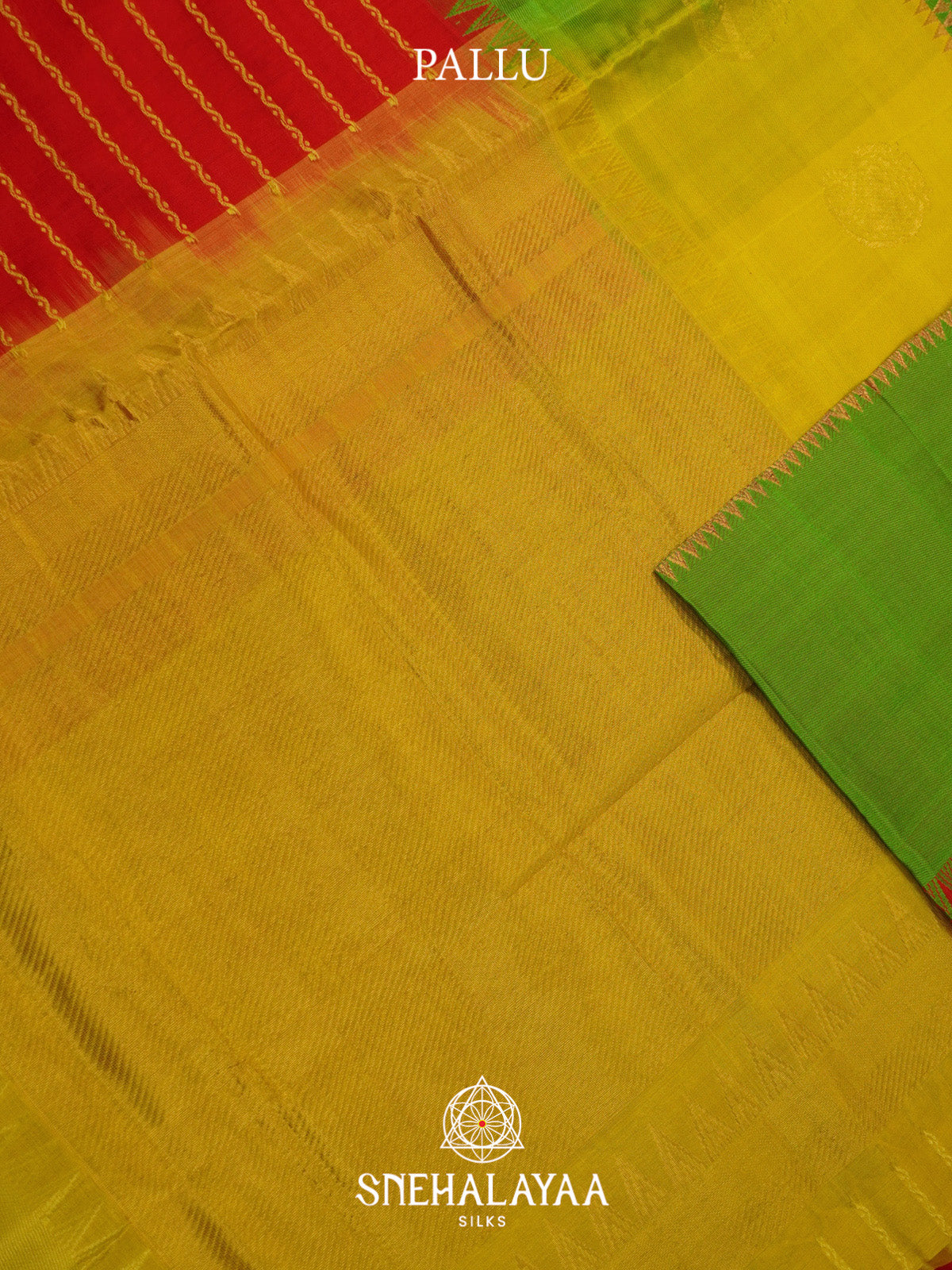 Red Striped Silk Cotton Saree with Mustard Gold Border