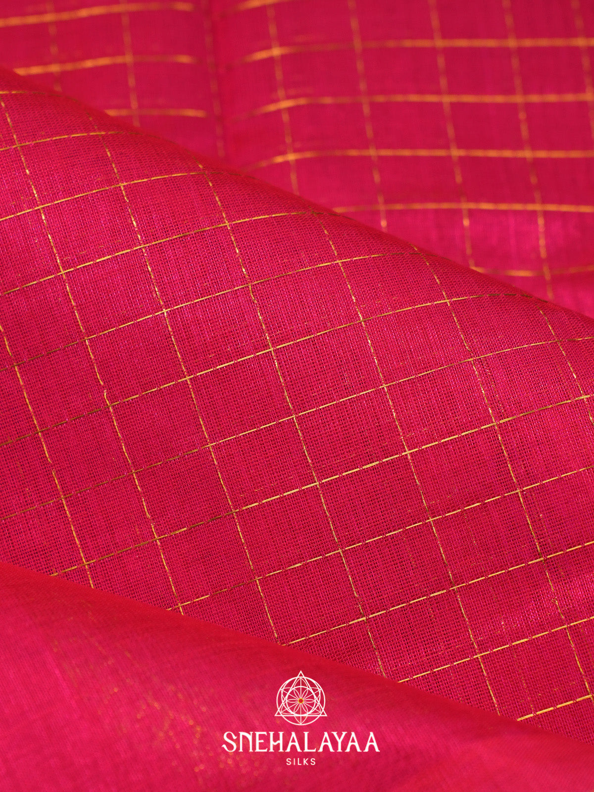 Rani Pink Checks Silk Cotton Saree with Gold Zari Border