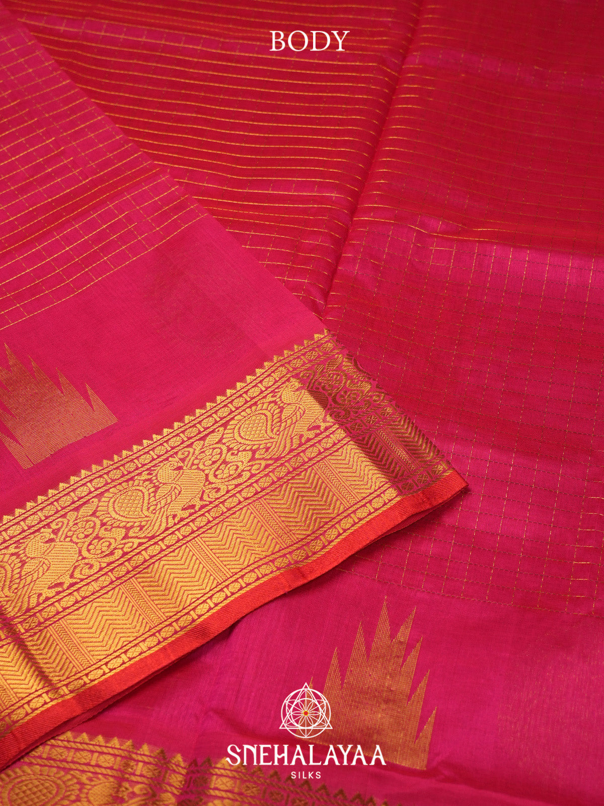 Rani Pink Checks Silk Cotton Saree with Gold Zari Border