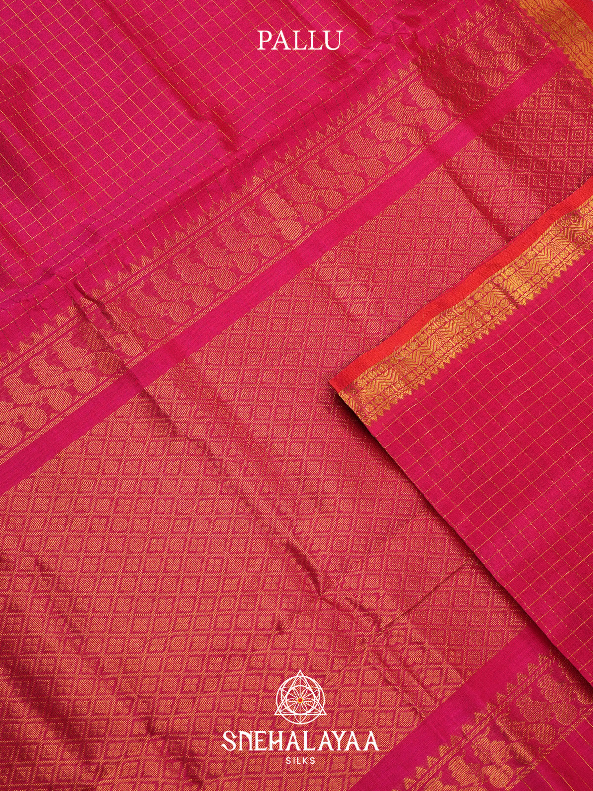 Rani Pink Checks Silk Cotton Saree with Gold Zari Border