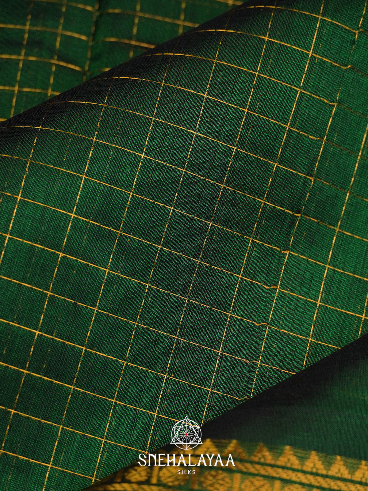Bottle Green Checks Silk Cotton Saree with Gold Zari Border