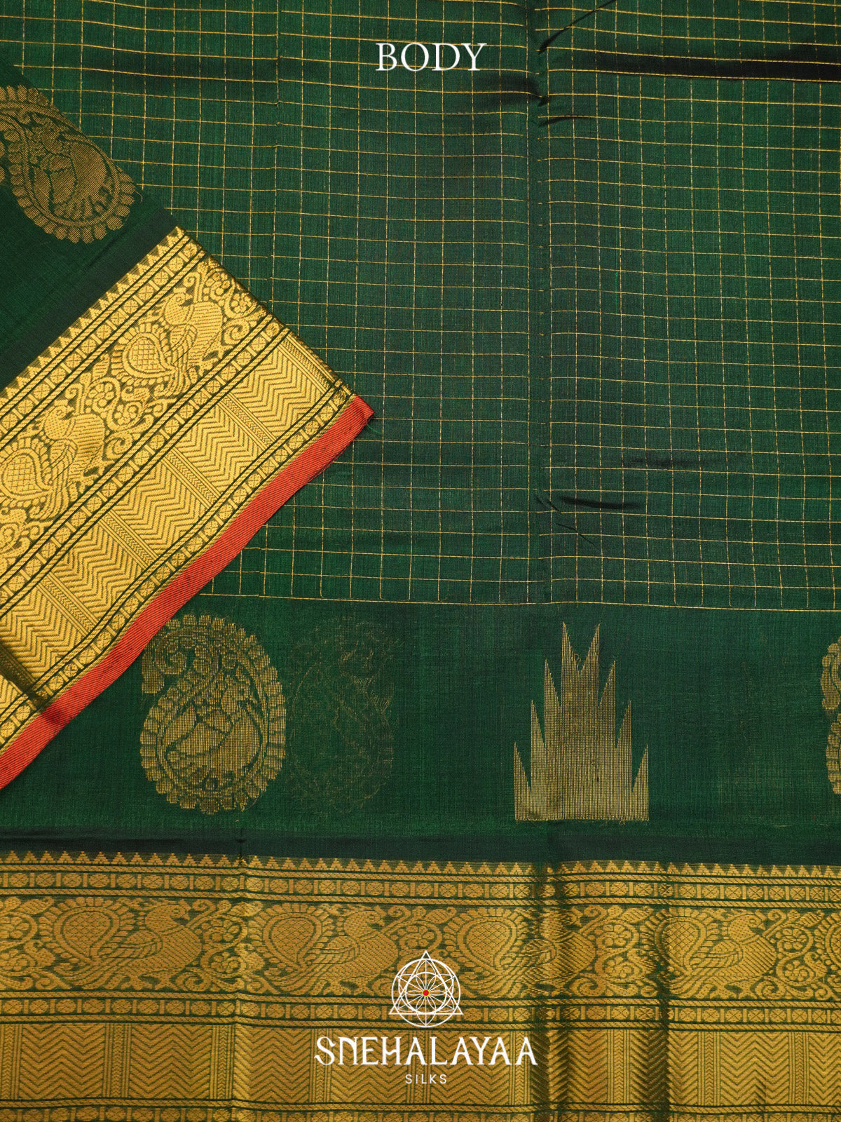 Bottle Green Checks Silk Cotton Saree with Gold Zari Border