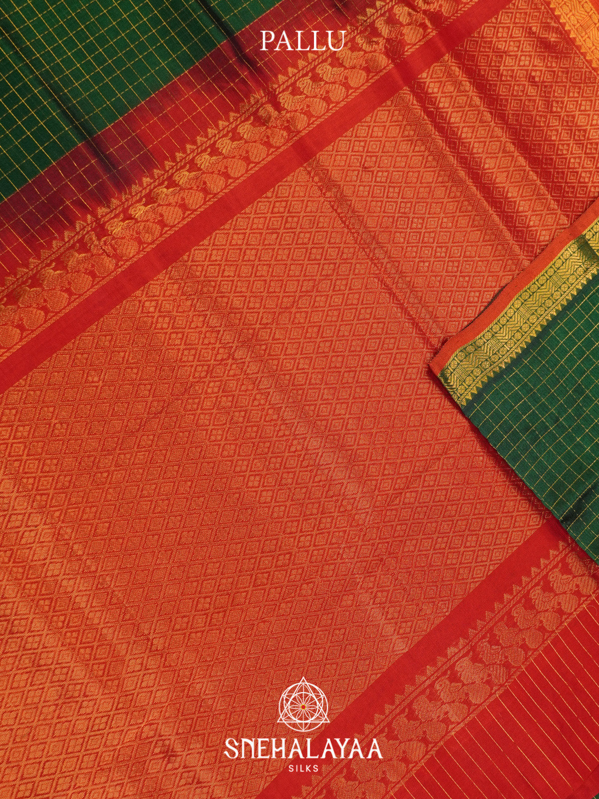 Bottle Green Checks Silk Cotton Saree with Gold Zari Border