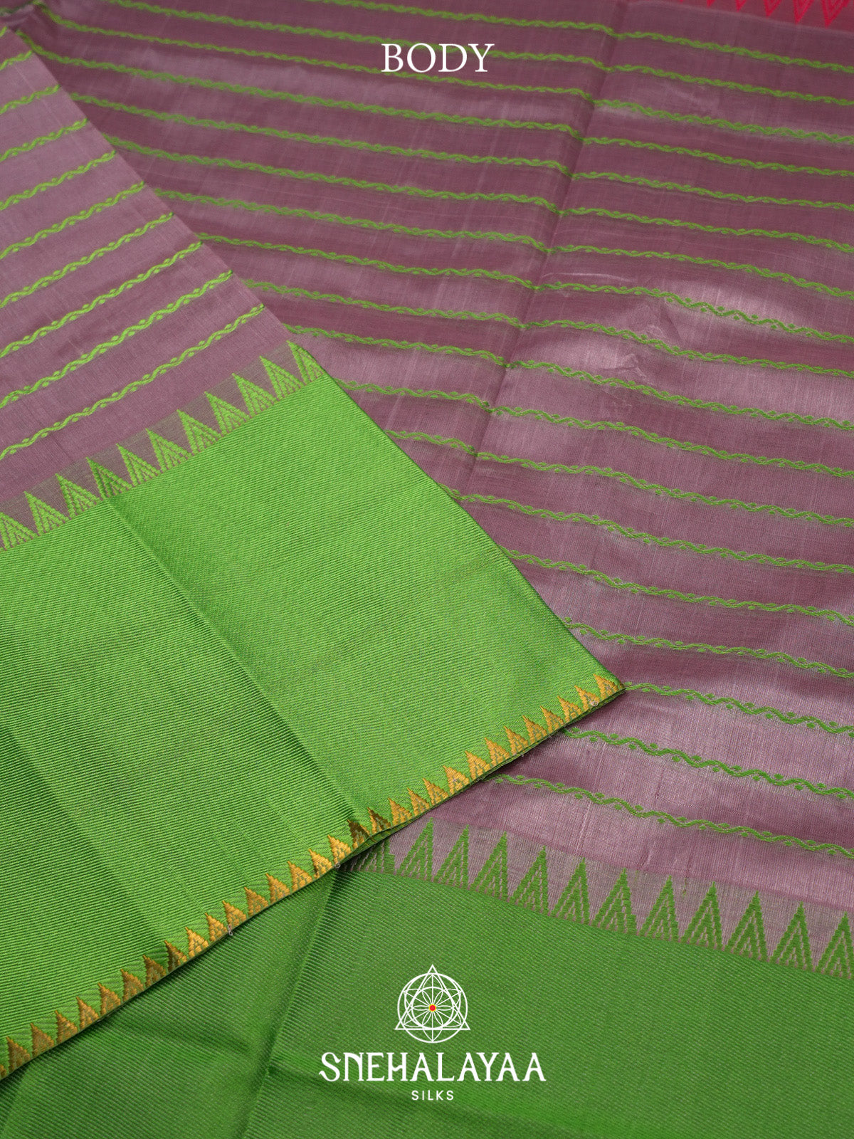 Dusty Mauve Striped Silk Cotton Saree with Green Border