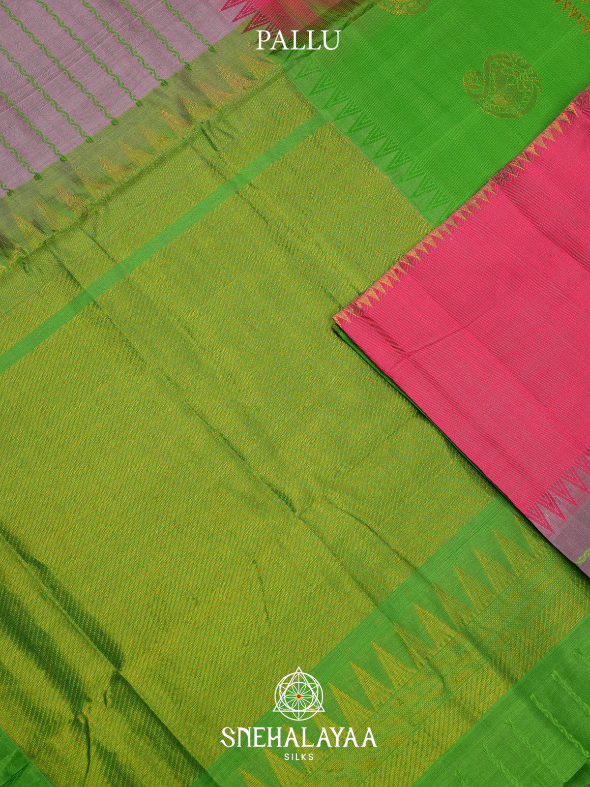 Dusty Mauve Striped Silk Cotton Saree with Green Border