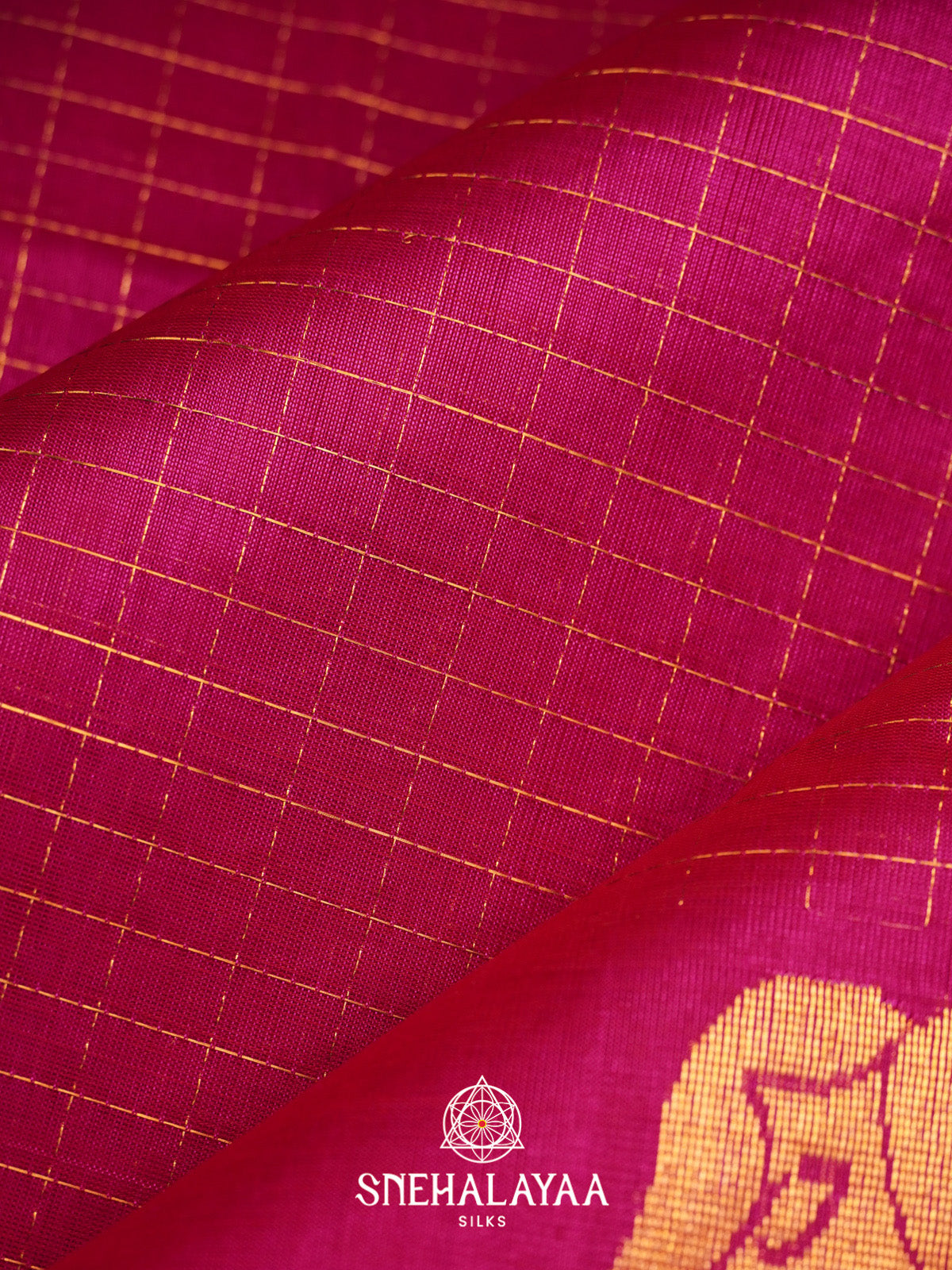 Rani Pink Checks Silk Cotton Saree with Gold Zari Border