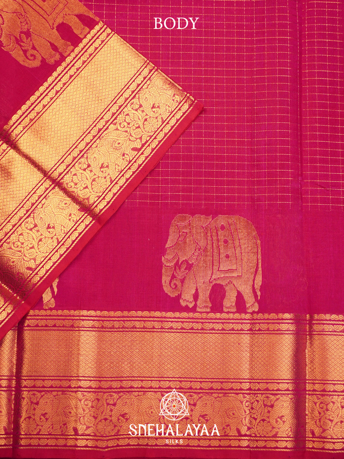 Rani Pink Checks Silk Cotton Saree with Gold Zari Border