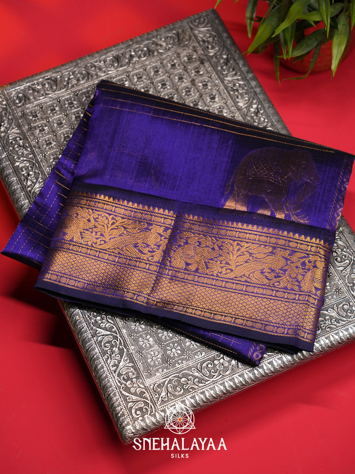 Royal Blue Checks Silk Cotton Saree with Gold Zari Border