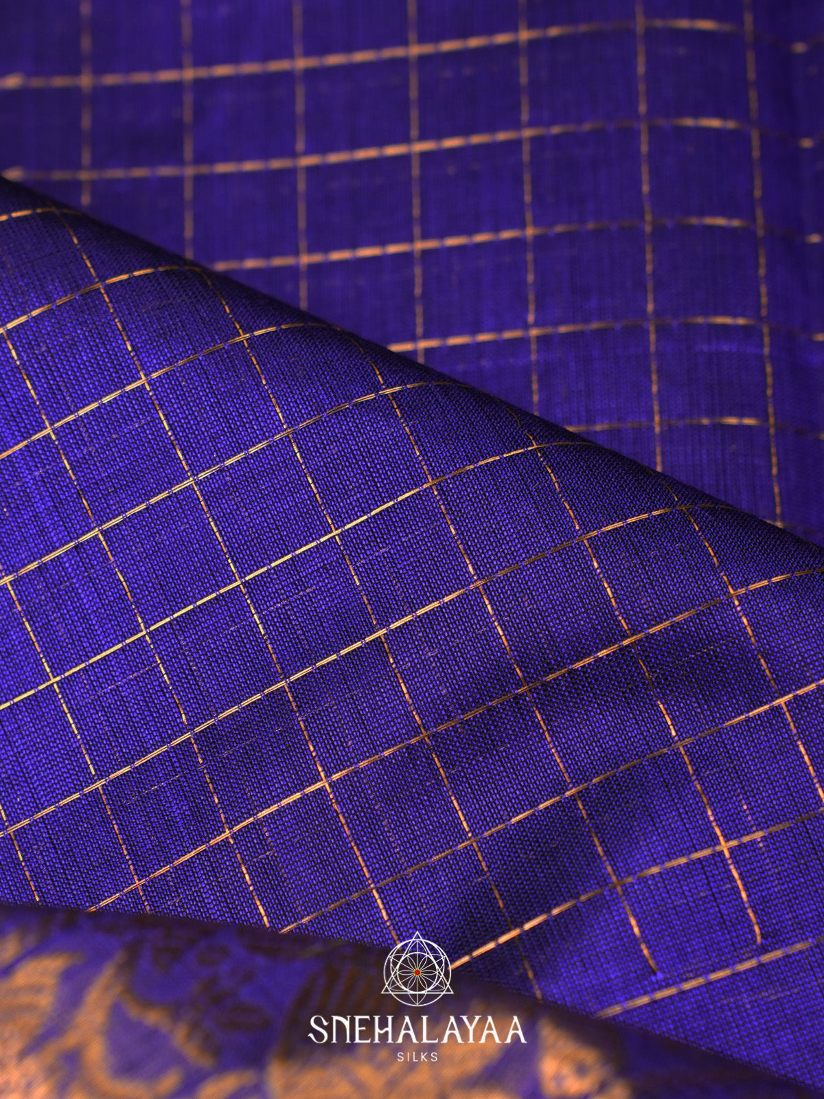 Royal Blue Checks Silk Cotton Saree with Gold Zari Border