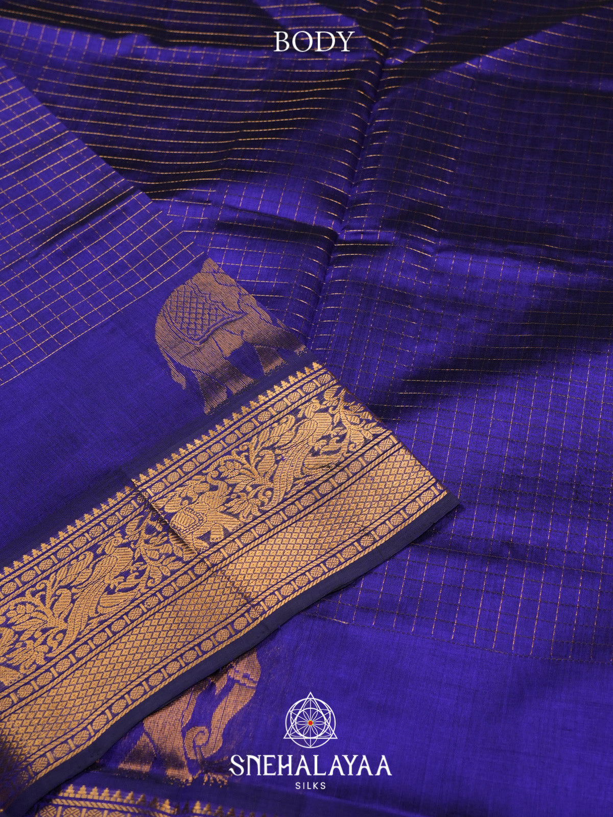 Royal Blue Checks Silk Cotton Saree with Gold Zari Border
