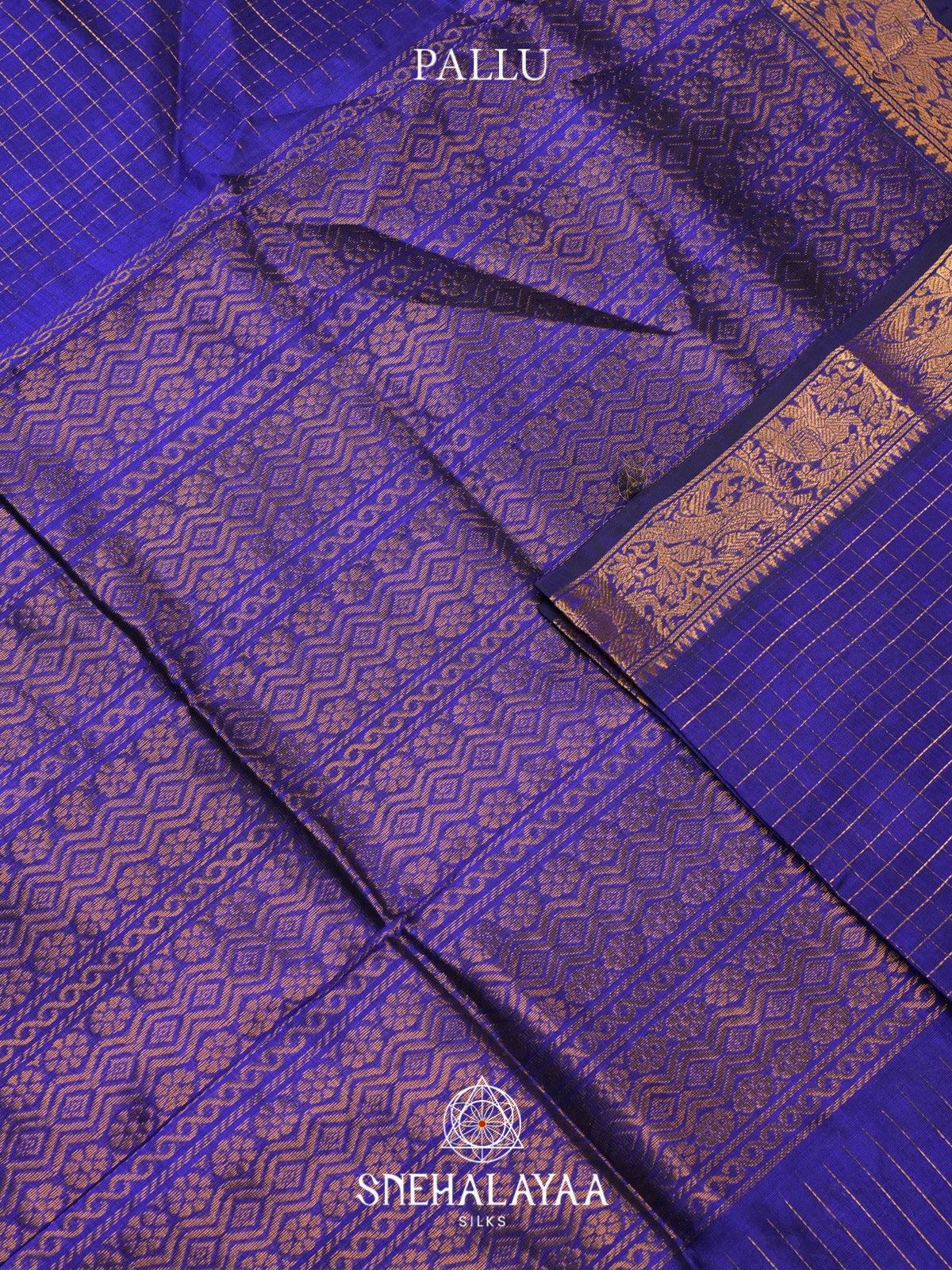 Royal Blue Checks Silk Cotton Saree with Gold Zari Border