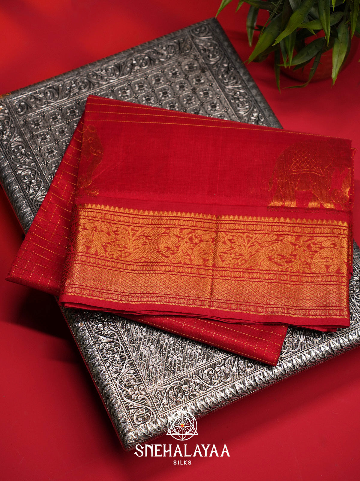 Red Checks Silk Cotton Saree with Gold Zari Border