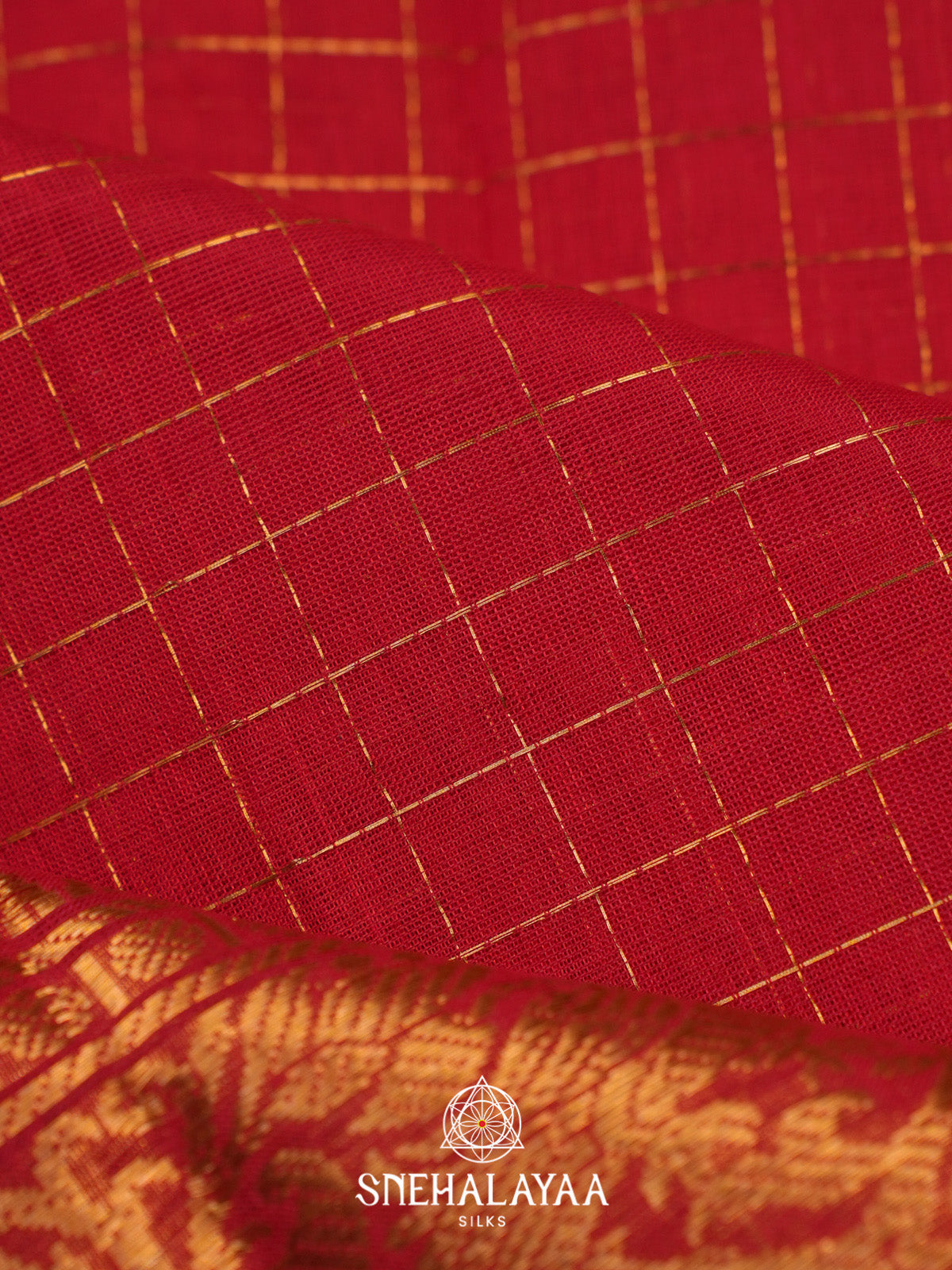 Red Checks Silk Cotton Saree with Gold Zari Border