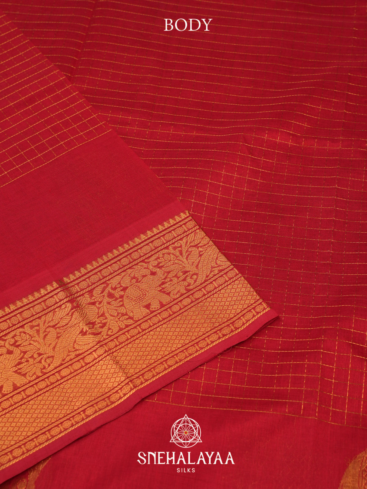 Red Checks Silk Cotton Saree with Gold Zari Border
