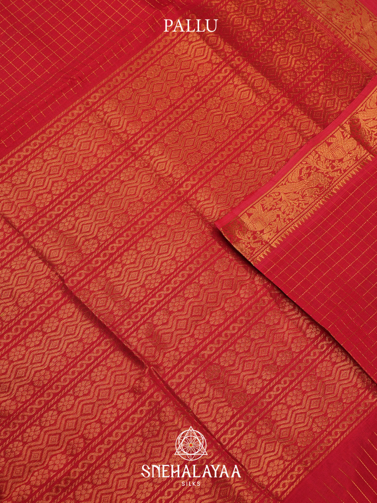 Red Checks Silk Cotton Saree with Gold Zari Border