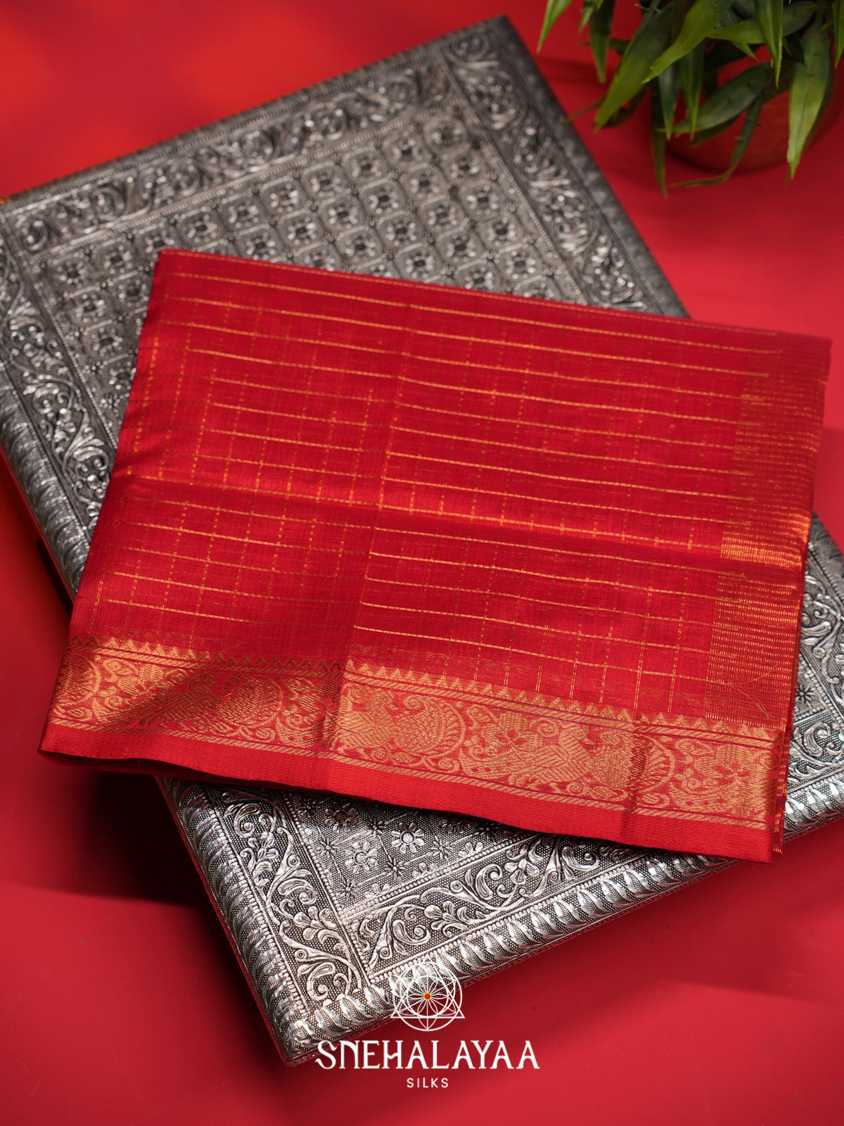 Red Checks Silk Cotton Saree with Gold Zari Border