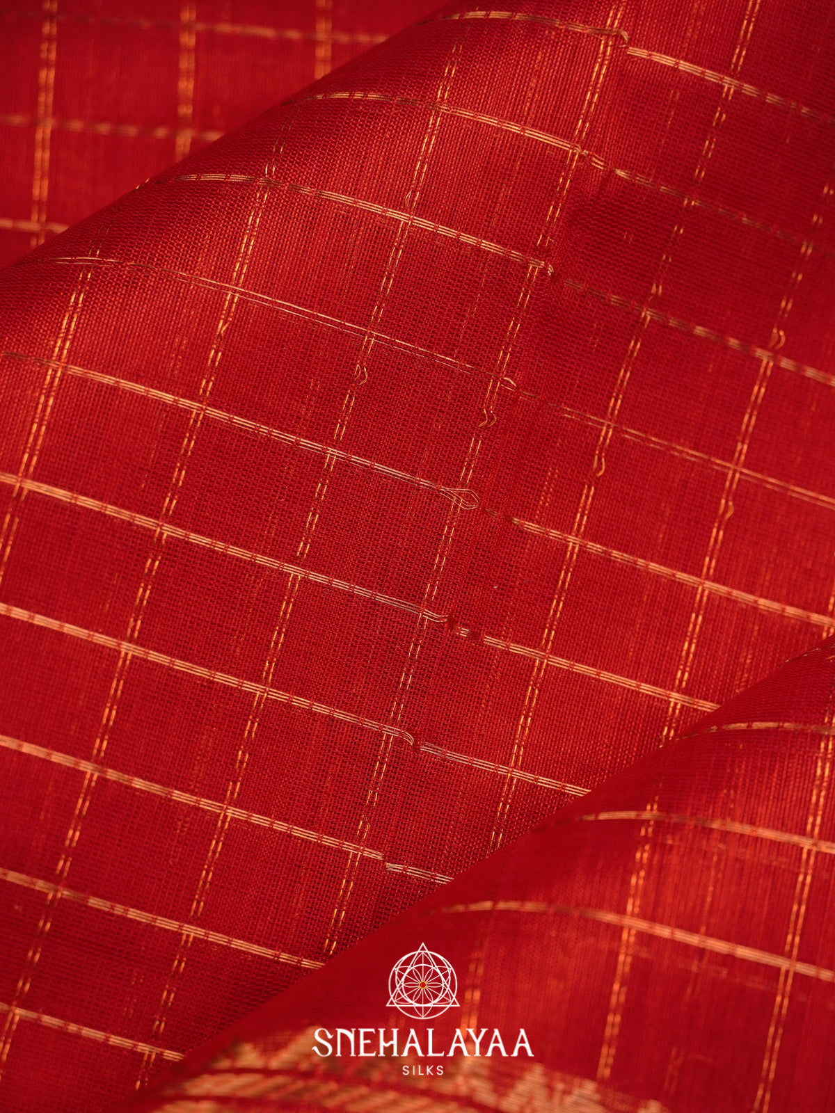 Red Checks Silk Cotton Saree with Gold Zari Border