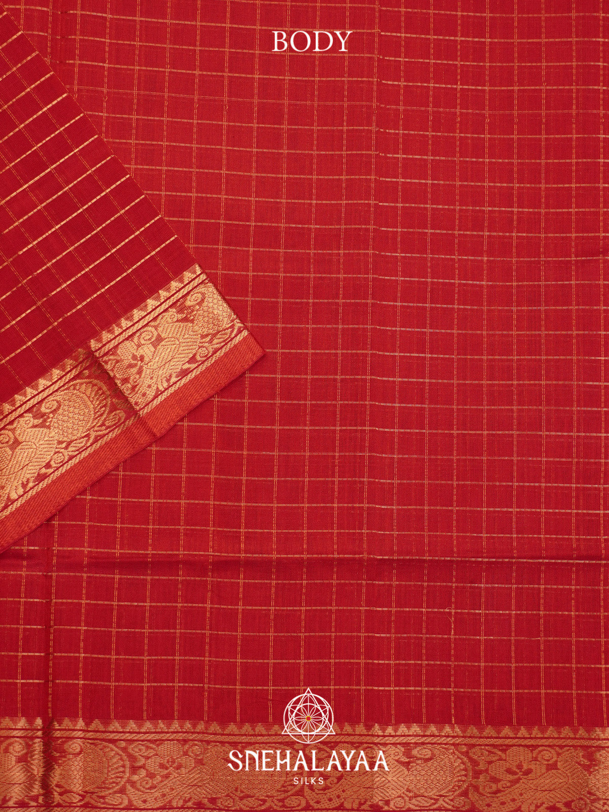 Red Checks Silk Cotton Saree with Gold Zari Border